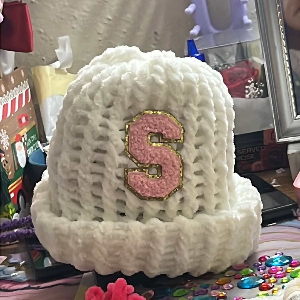 White Knit Beanie with Pink 'S' Patch